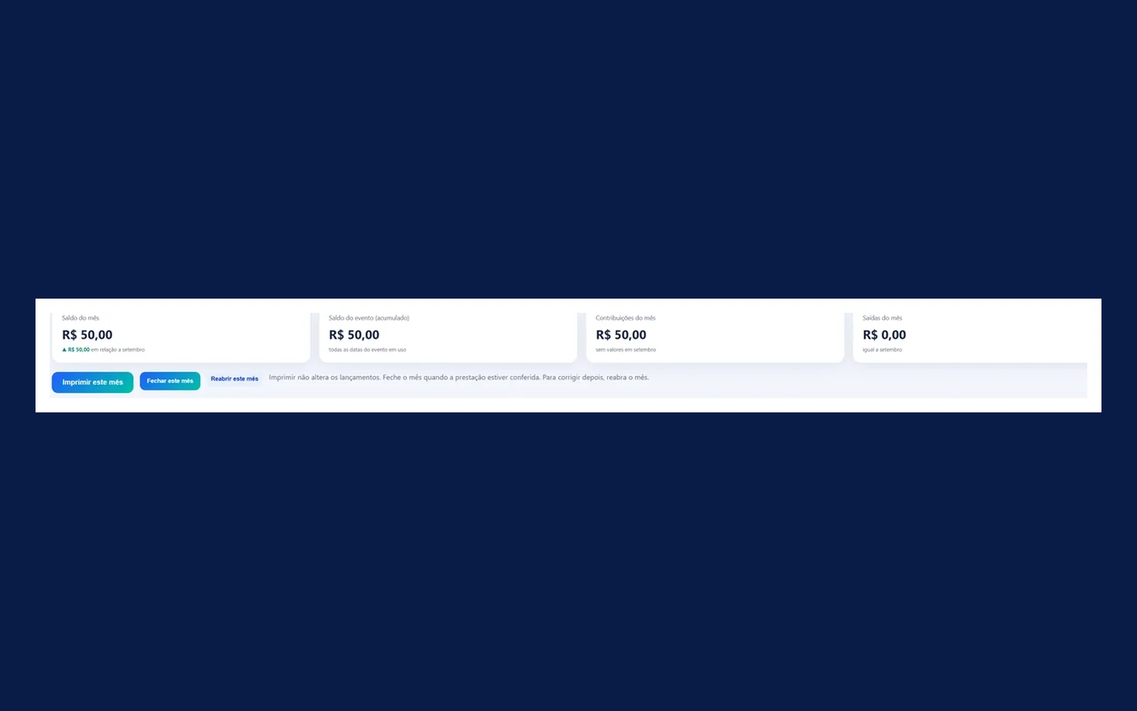 Tela do Sistema Financeiro, com entradas, saídas e fechamento do mês